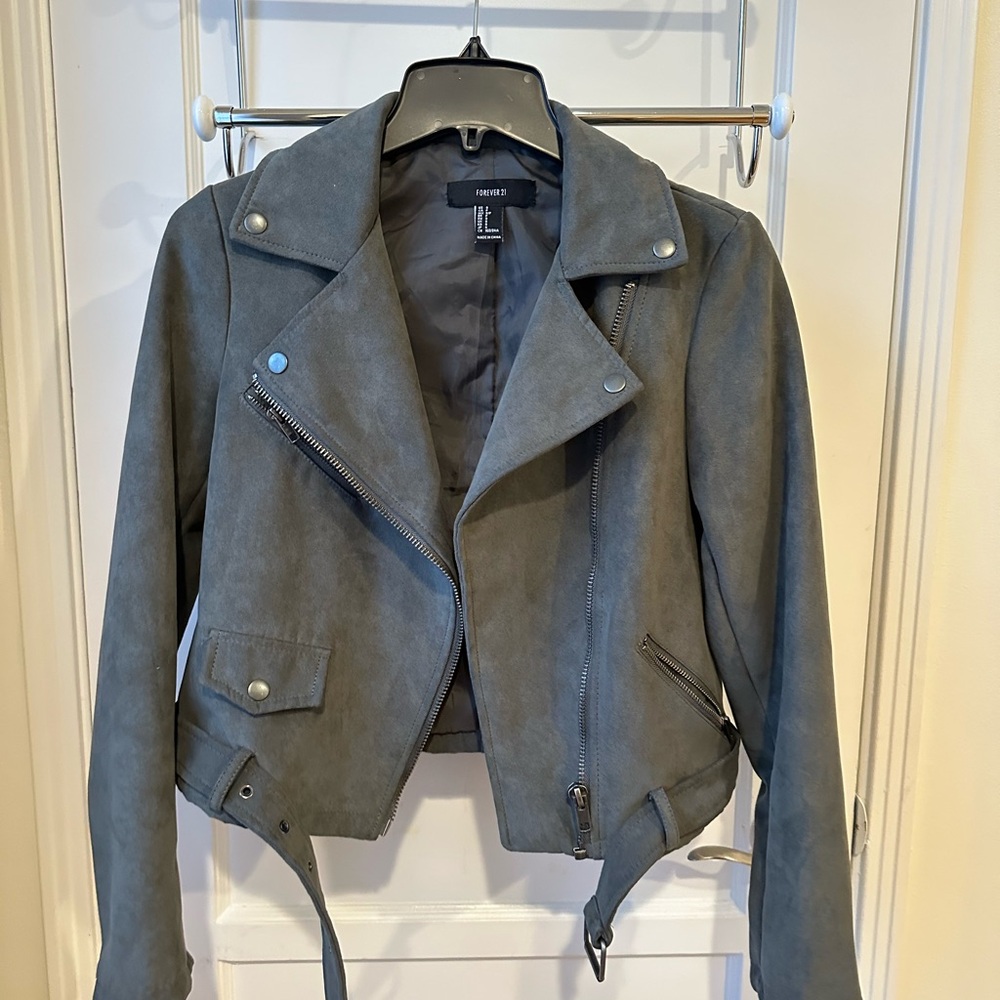 Olive Green Suede Effect Biker Moto Jacket, Women’s Size S, Great Condition